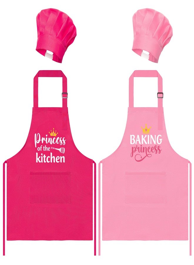 GROBRO7 4Pcs Kids Apron and Chef Hat Set Gift for Girls, Princess Kitchen Baking Princess Pattern Adjustable Kitchen Aprons with 2 Pockets Waterproof Smocks Hats for Baking Cooking Painting Training - Image 1